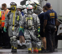 Firefighters outside of the ConAgra Food Processing Plant